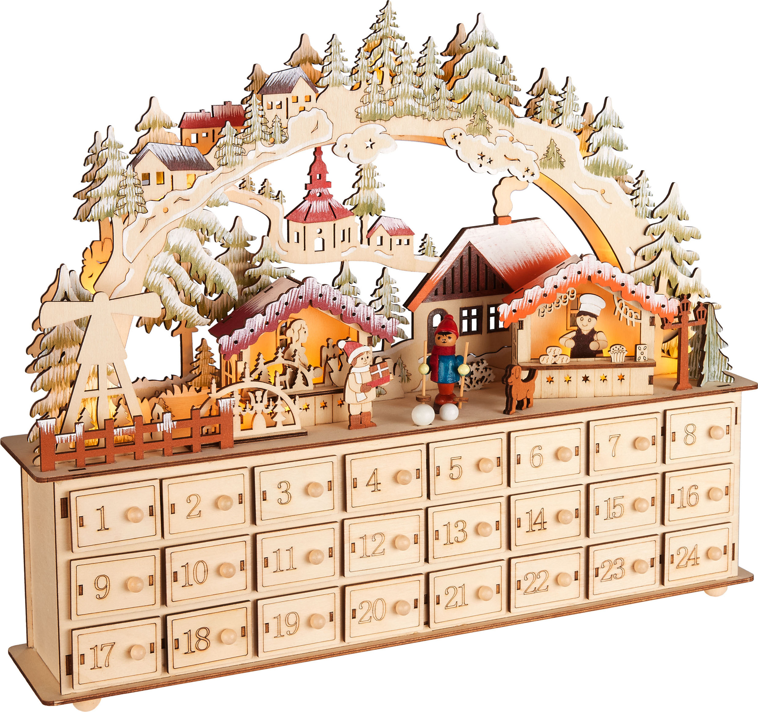 BRUBAKER Adventný kalendár na plnenie - Vianočná dedinka 2024 - 40 cm drevený vianočný kalendár s LED osvetlením - Dedinka s deťmi - Osvetlený