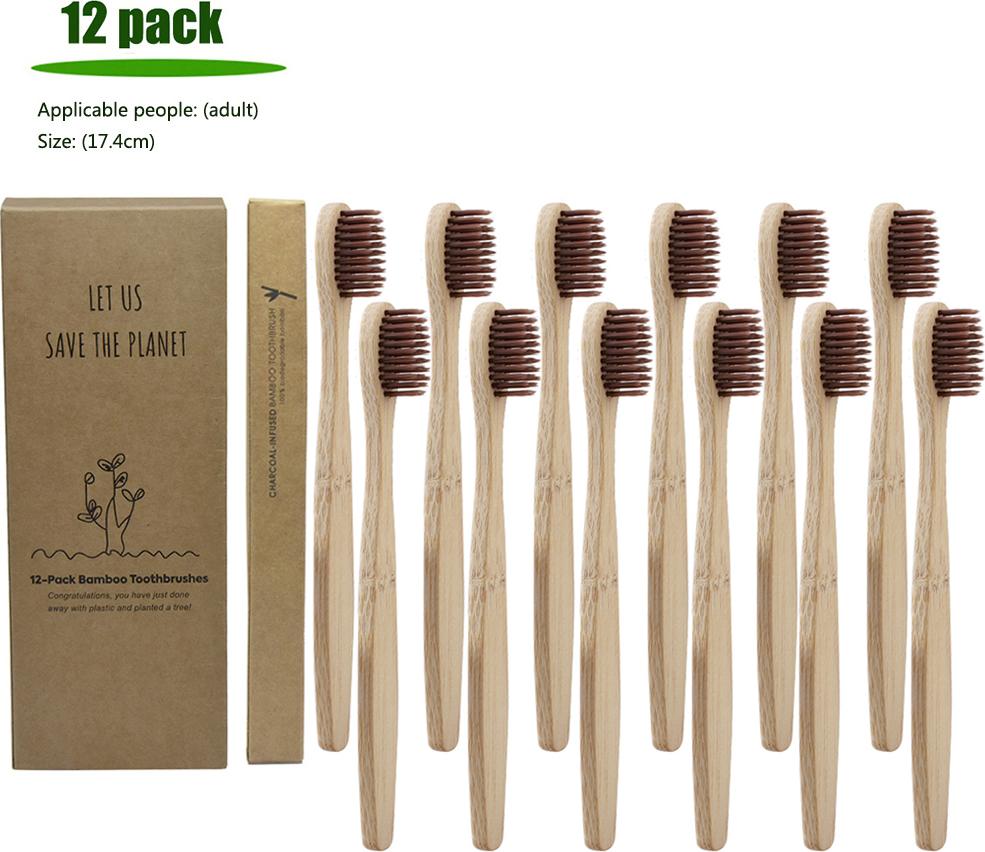 Cestovná zubná kefka z bambusu, 12-dielna súprava, mäkké a ploché štetiny, pre dospelých, farba kávy, 18,5 cm, vybavenie hotela