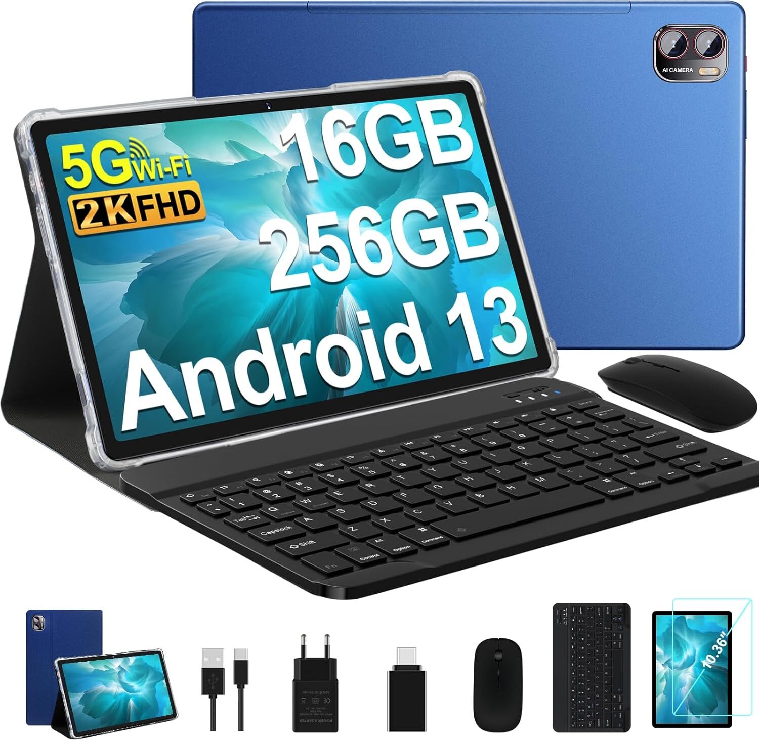 Tablet 10,36" Android 13 Tablet s 2K obrazovkou Tablet 16GB RAM + 256GB ROM + TF 1TB / 2000 x 1200 pixelov / 5G WLAN / 8600 mAh/Tablet Blue