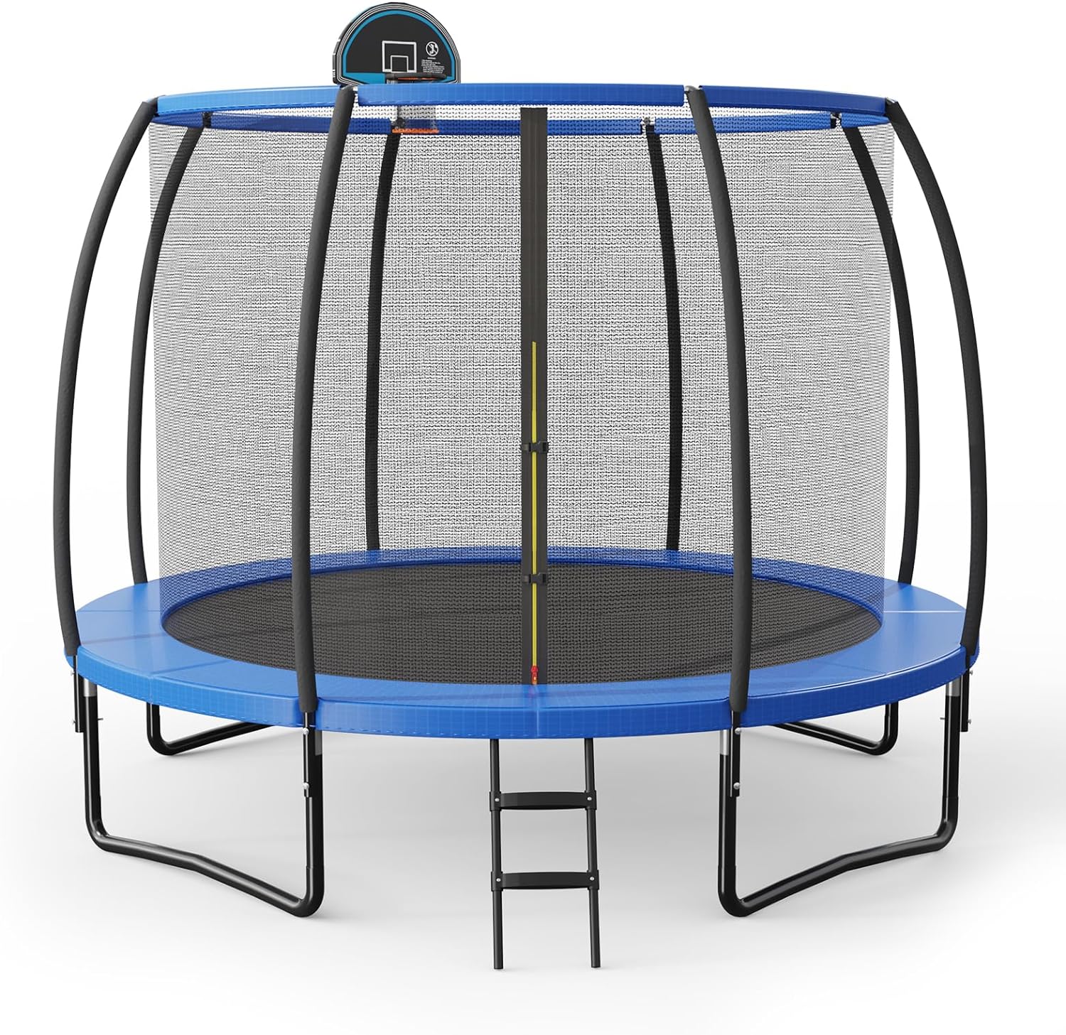 Trampolína KOMFOTTEU Ø 305 cm, detská trampolína s basketbalovými košmi a rebríkom, okrúhla záhradná trampolína s bezpečnostnou sieťou a krytom okrajov pre deti a dospelých, modrá + čierna