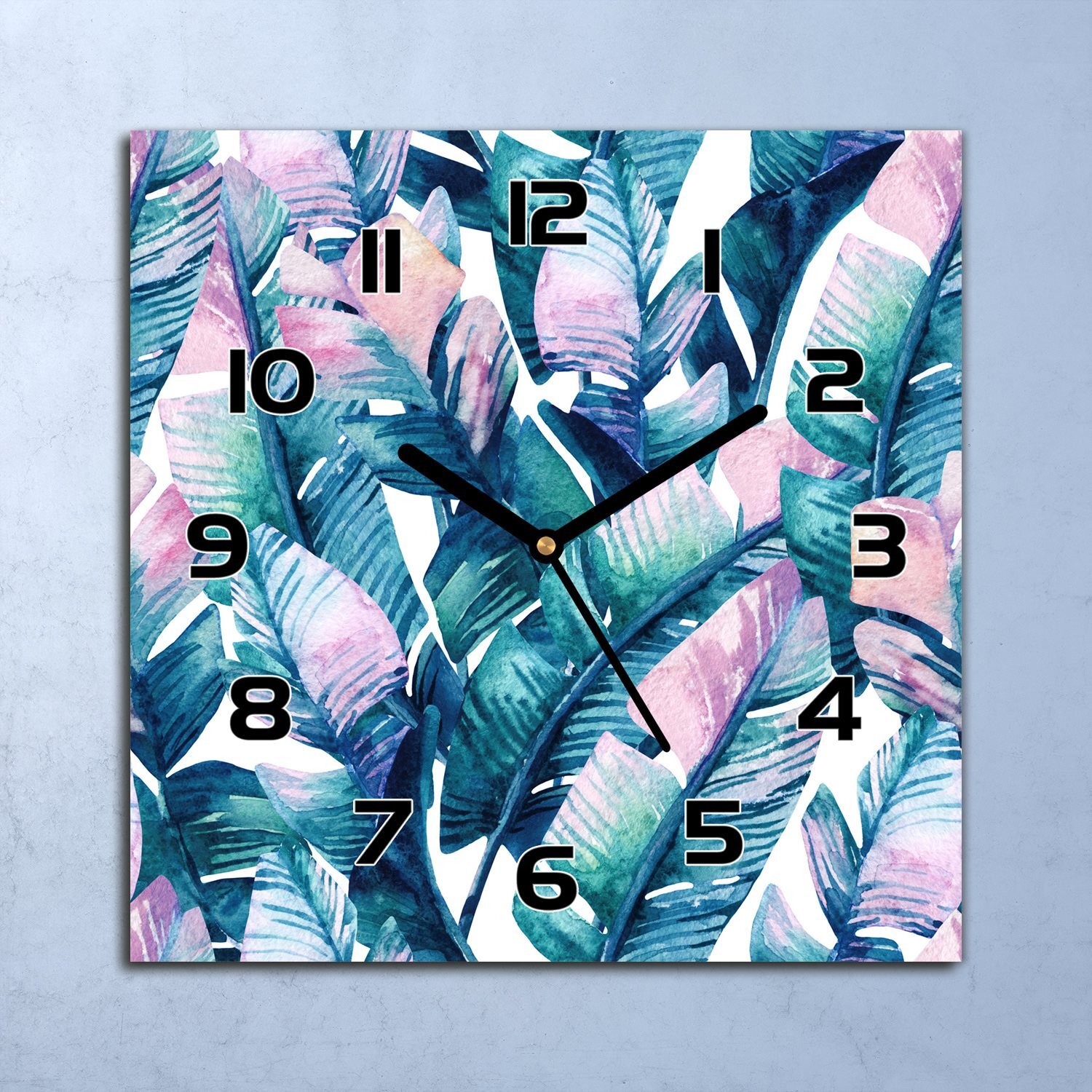 coloray Wanduhr Echt-Glas-Küchenuhr Lila-grüne Blätter Quarz 30x30 Deko Bilder zsk-black-30x30-MarzipanDays-071