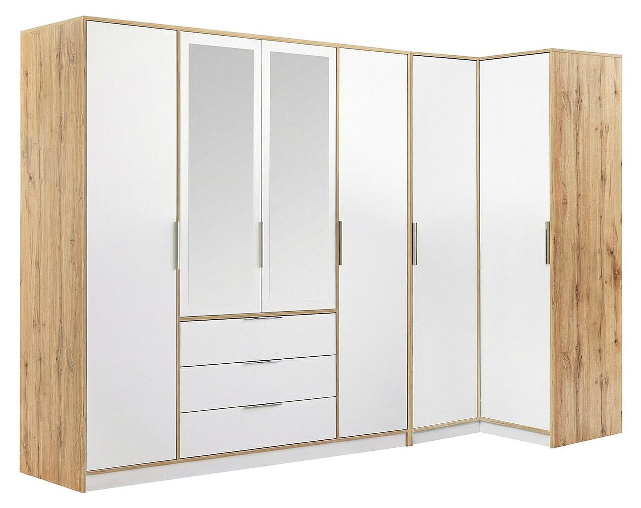 Vente-unique Eckkleiderschrank 6 Türen und 3 Schubladen - Mit Spiegeln - B302/311 cm - Weiß und Natur - LAMIKI