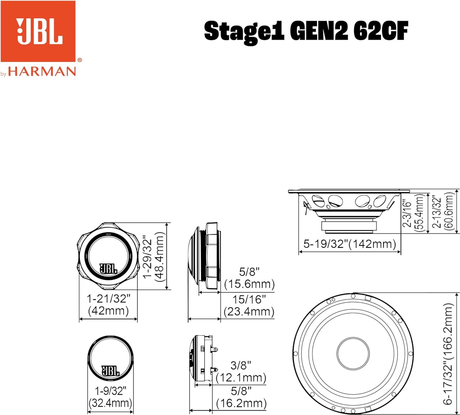 JBL Stage1 62CF | 16cm (6,5 Zoll) 2-Wege Komponenten-Autolautsprecher - 640 Watt