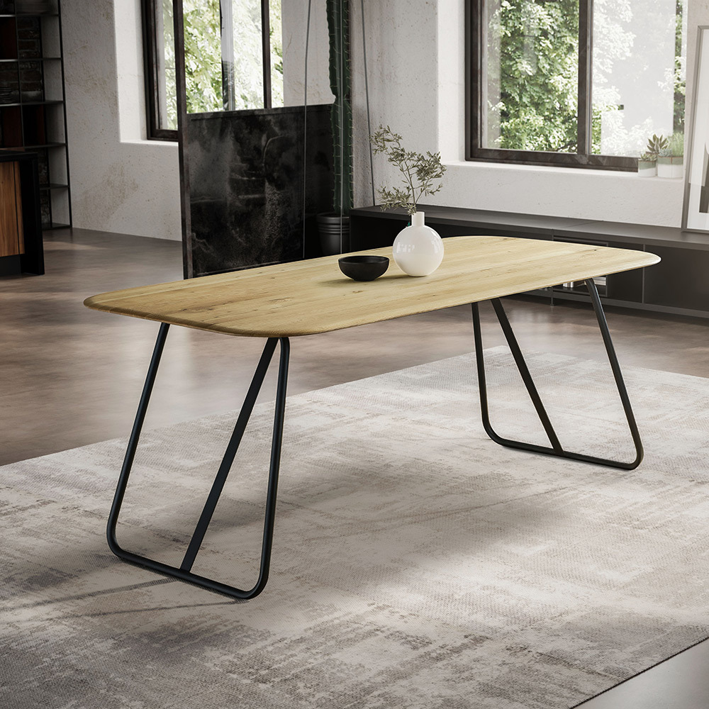 Lomadox Esstisch 200x100cm mit runder Kante, Wildeiche massiv geölt, Metallfußgestell, TISDALE-69 LA69-TISDALE-69-SET27