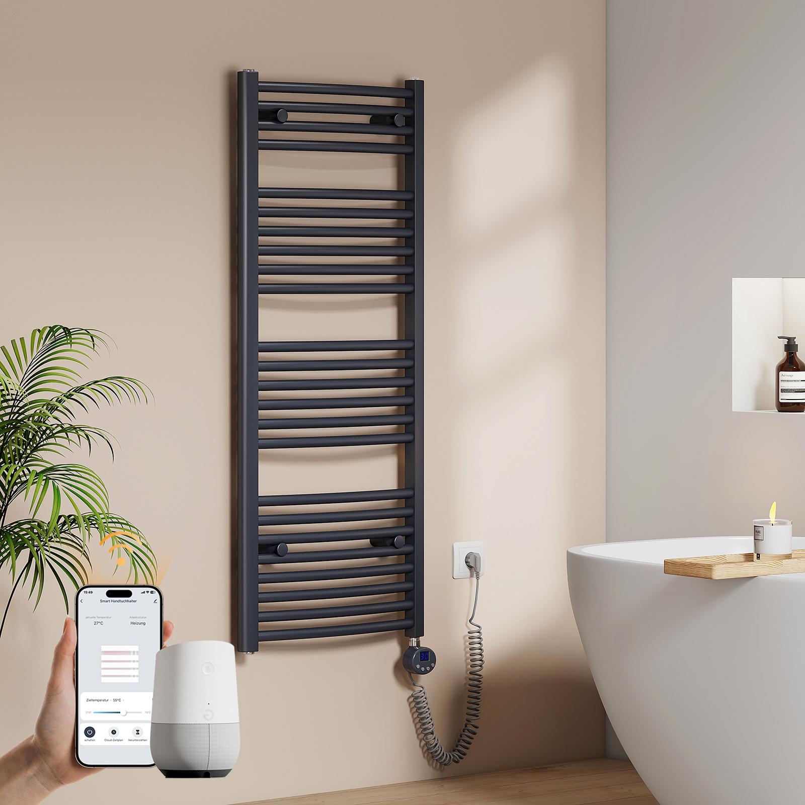 EMKE Elektrický kúpeľňový radiátor Uterákový radiátor zakrivený 500/600W Wifi ovládanie Inteligentný termostat 120X50cm Antracitový ohrievač uterákov