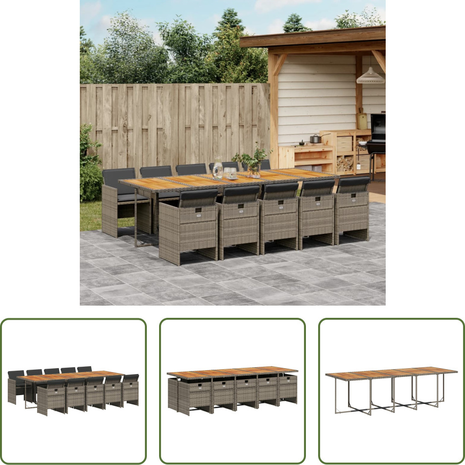 The Living Store 11-dielny záhradný jedálenský set s vankúšmi sivý polyratan