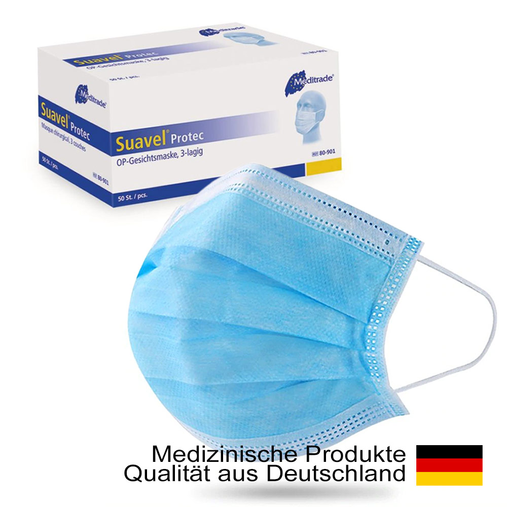 Chirurgická maska Suavel® Protec s elastickými ušnými pútkami, modrá, typ II
