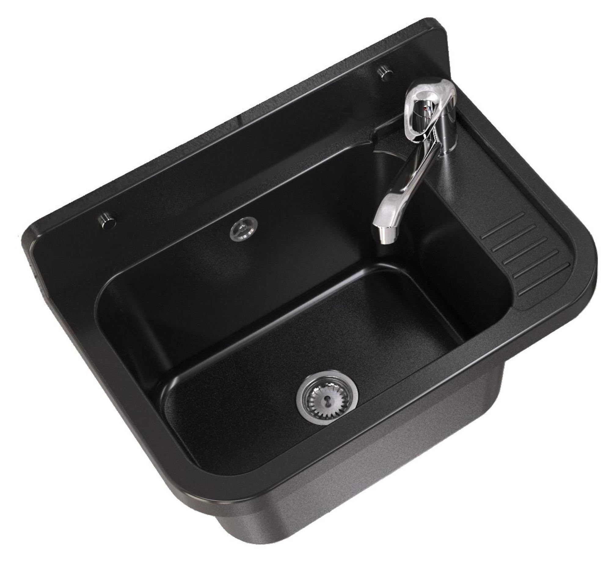 Granitan | Wirtschaftsspüle - PARON - mit schwarzer Armatur - mit Siphon - Schwarz - 50 x 34 cm - für Waschküche und Garage KLEINES DIENSTPROGRAMMFACH + ALFI