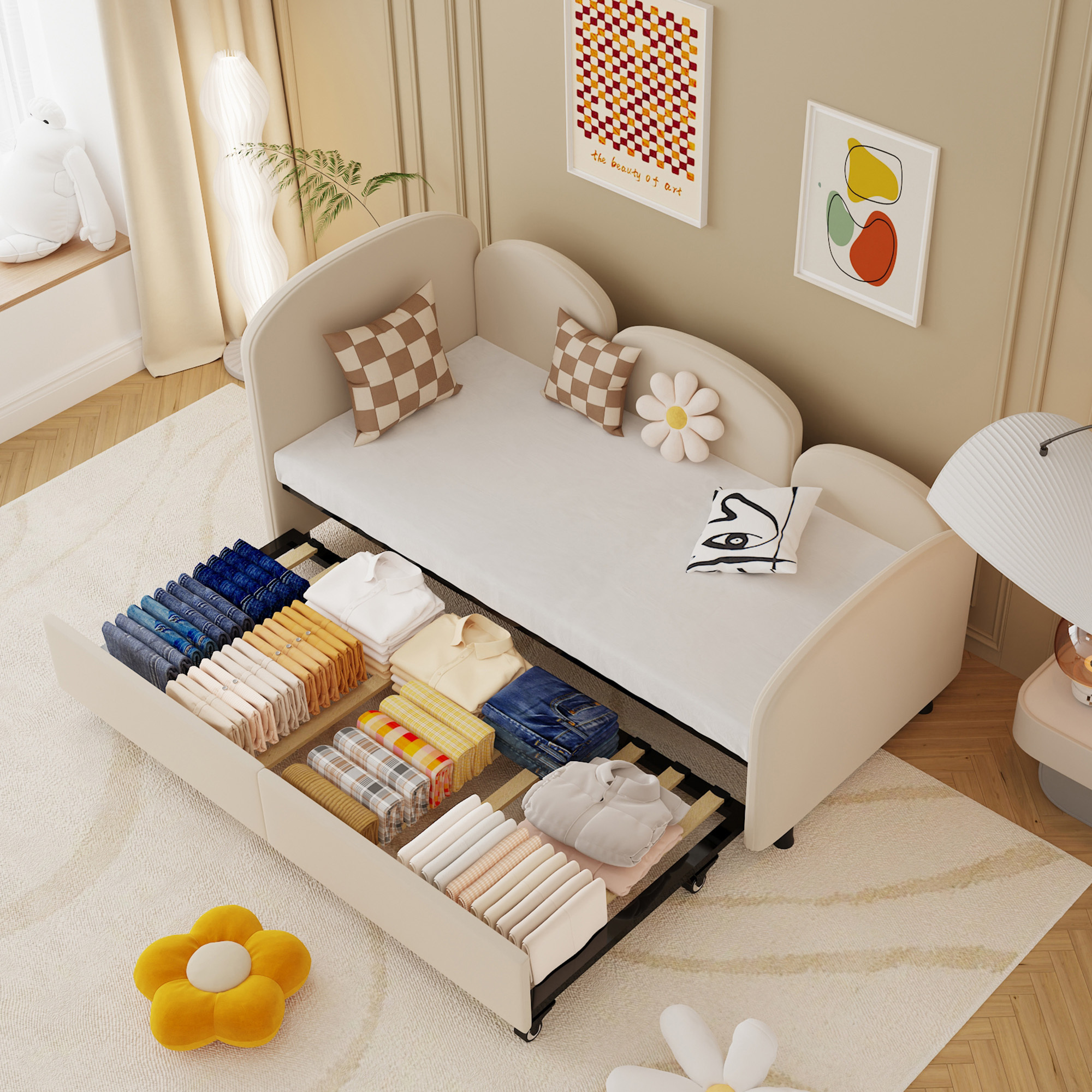 okwish Schlafsofa 90x200cm mit Rollbett 90x200cm, Polsterbett in Blumenform mit Lattenrost aus Holz, Tagesbett Kinderbett (Ohne Matratze)- Beige