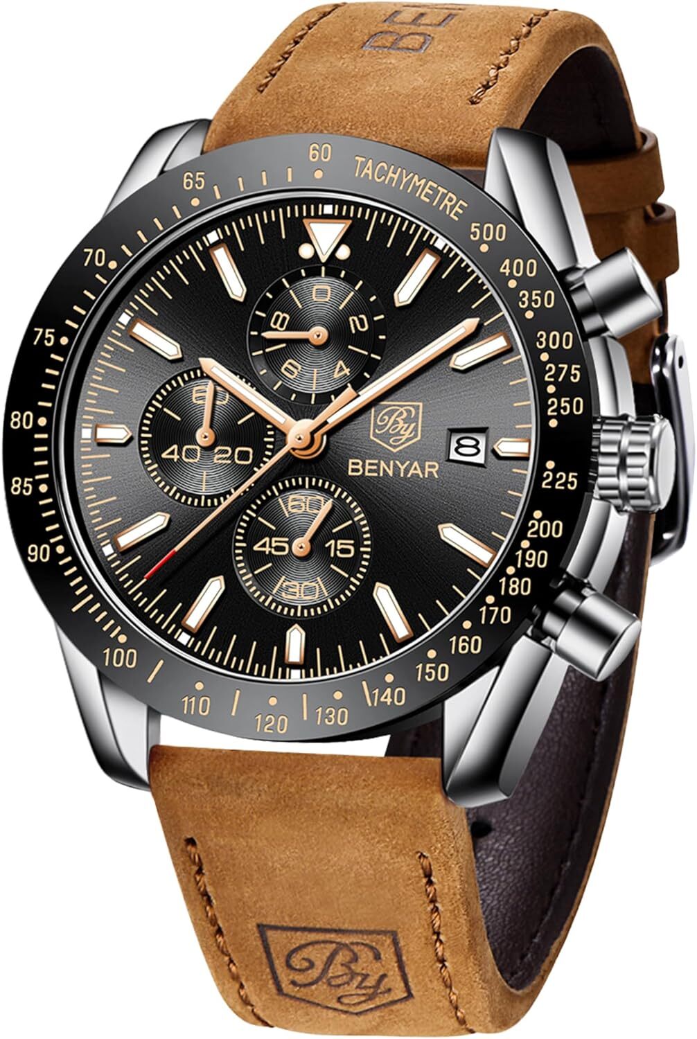 BENYAR für Männer, Lederarmband, Herrenmode Business Sport Design, 30M Wasserdicht Elegantes Chronograph Analog Quarz
