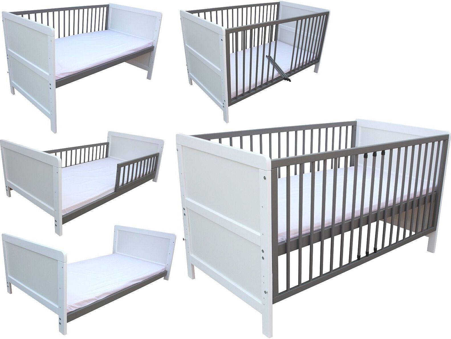 Kinderbett Juniorbett Gitterbett Beistellbett 140x70 cm 3in1 mit Matratze weiß-grau