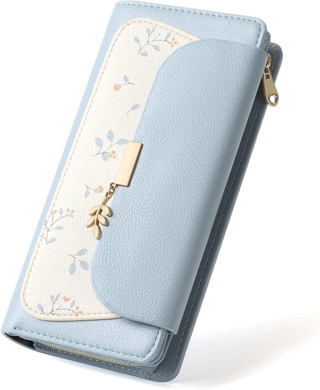 RRANCharltu Geldbörse Damen groß aus Kunstleder mit RFID-Schutz, viele Fächer, Reißverschluss-Münzfach, Karten- & Ausweisfächer, elegantes Blumen Design