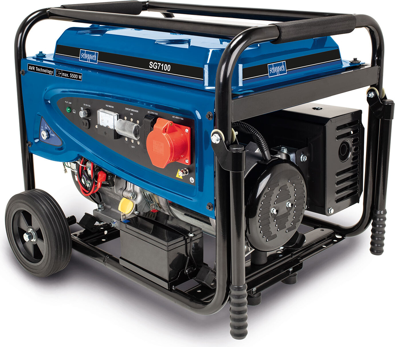 Scheppach Benzin Stromgenerator SG7100 mit E-Start | 4 Takt Benzin Motor mit 5500W Leistung | Überlastungsschutz - Spannungsmesser - Ölstandswarnung | 1x 230V, 400V & 12V Anschluss | Notstromaggregat 5906219903