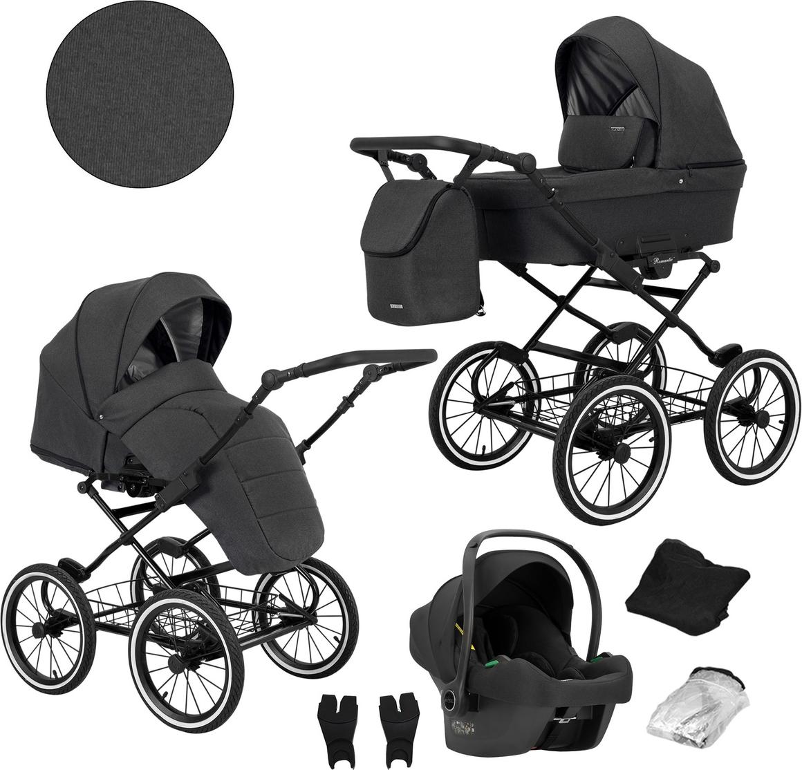 Kunert Romantic 3-in-1 Kinderwagen in Schwarz mit Cosmo Autositz und umfangreichem Zubehör
