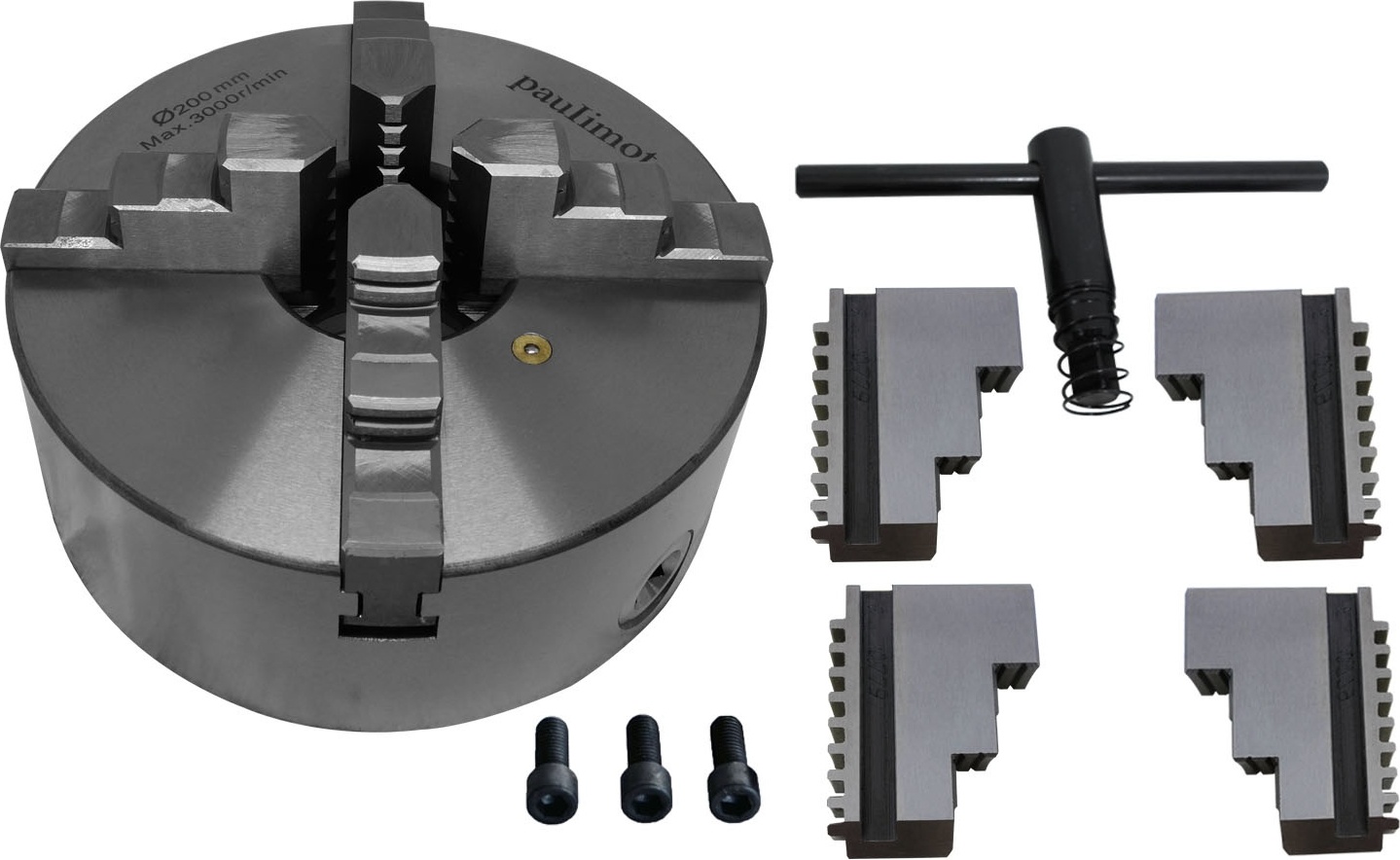 PAULIMOT Vierbackenfutter für Drehbank, 200 mm, zentral verstellbare Backen 4070