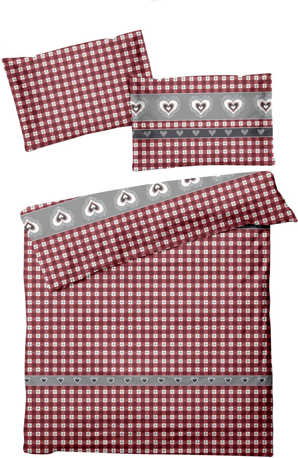 Traumschlaf Biber Bettwäsche Landhausherzen rot 160x210 cm + 65x100 cm