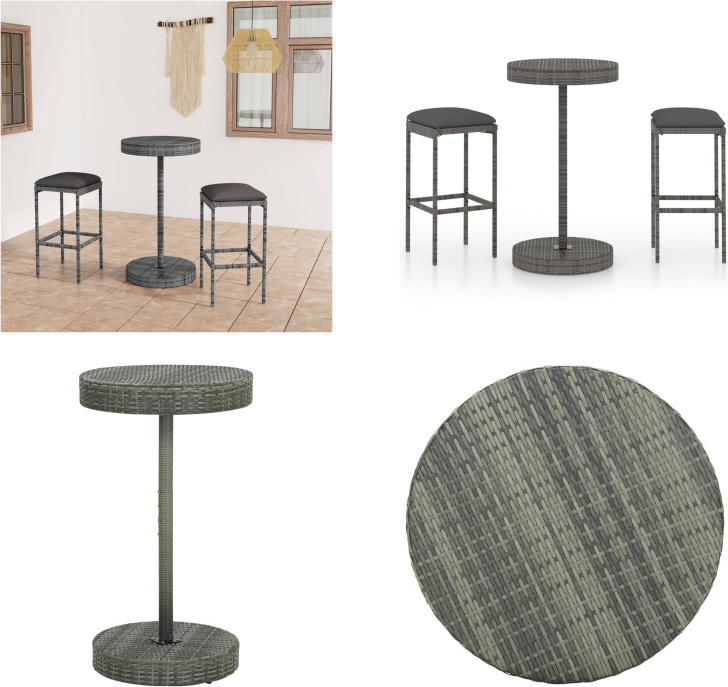 vidaXL 3 ks záhradný barový set s vankúšmi poly ratan sivý - Barový set - Barové sety - Barový stôl a barové stoličky - Barový stôl