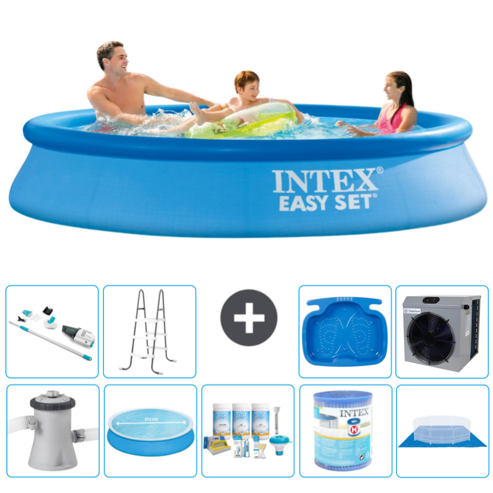 Okrúhly nafukovací bazén Intex Easy Set - 305 x 61 cm - modrý - vrátane markízy s čerpadlom - balík na údržbu - filter - podložka - vysávač - rebrík