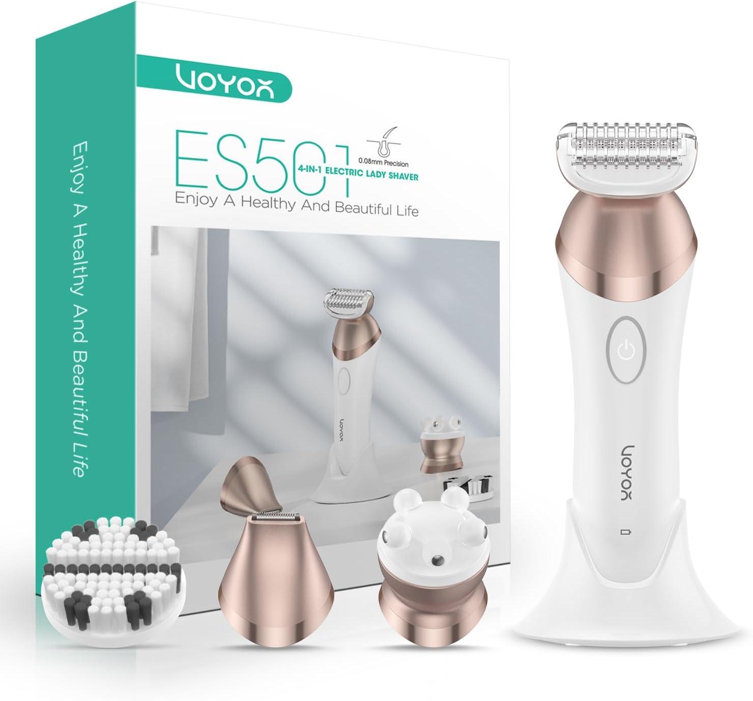 VOYOR Elektrisch Intimrasierer für Frauen 4 in 1 Damen Elektrisch Trimmer, Gesichtsbürste,Massage Armen Beinen Achseln Intimbereich Bikinizone 2 Drehzahl