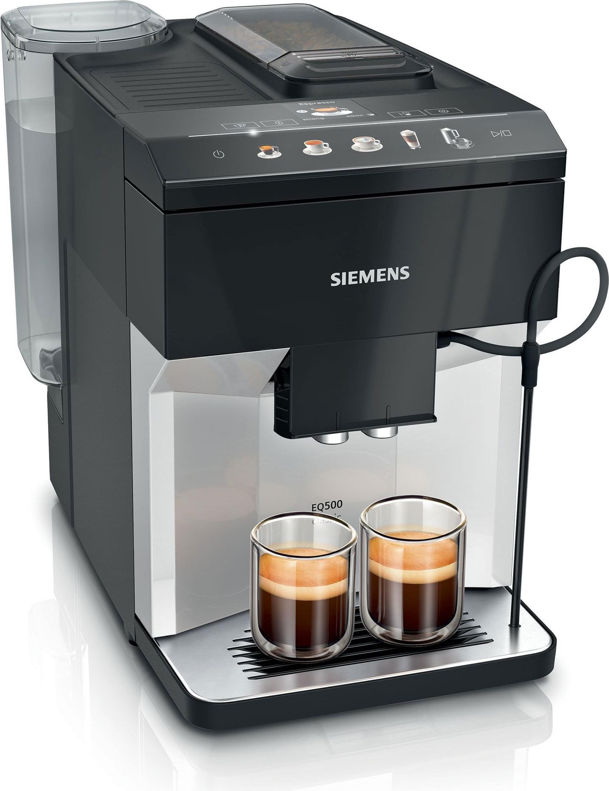 Siemens EQ.500 TP511R01, Espresso kávovar, 1,9 L, Kávové zrná, Vstavaný mlynček, 1500 W, Čierna, Strieborná