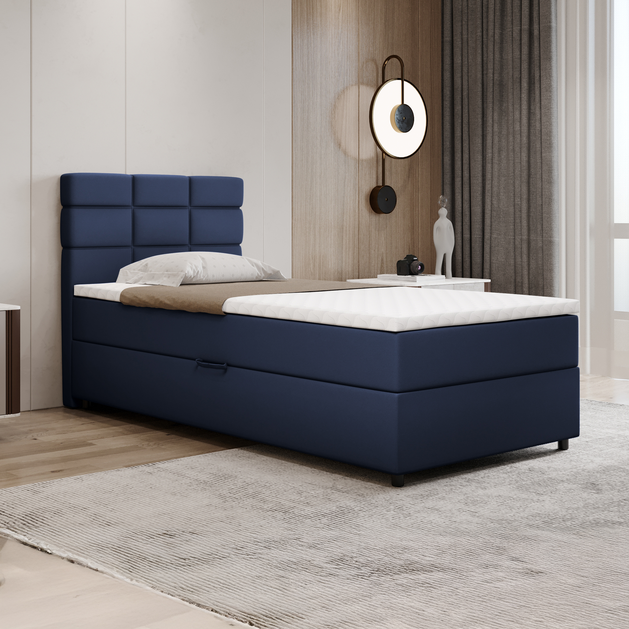 Boxspringbett 100x200, mit Bettkasten, Dunkelblau, Matratze und Topper, Einzelbett, REVE, Panda Möbel