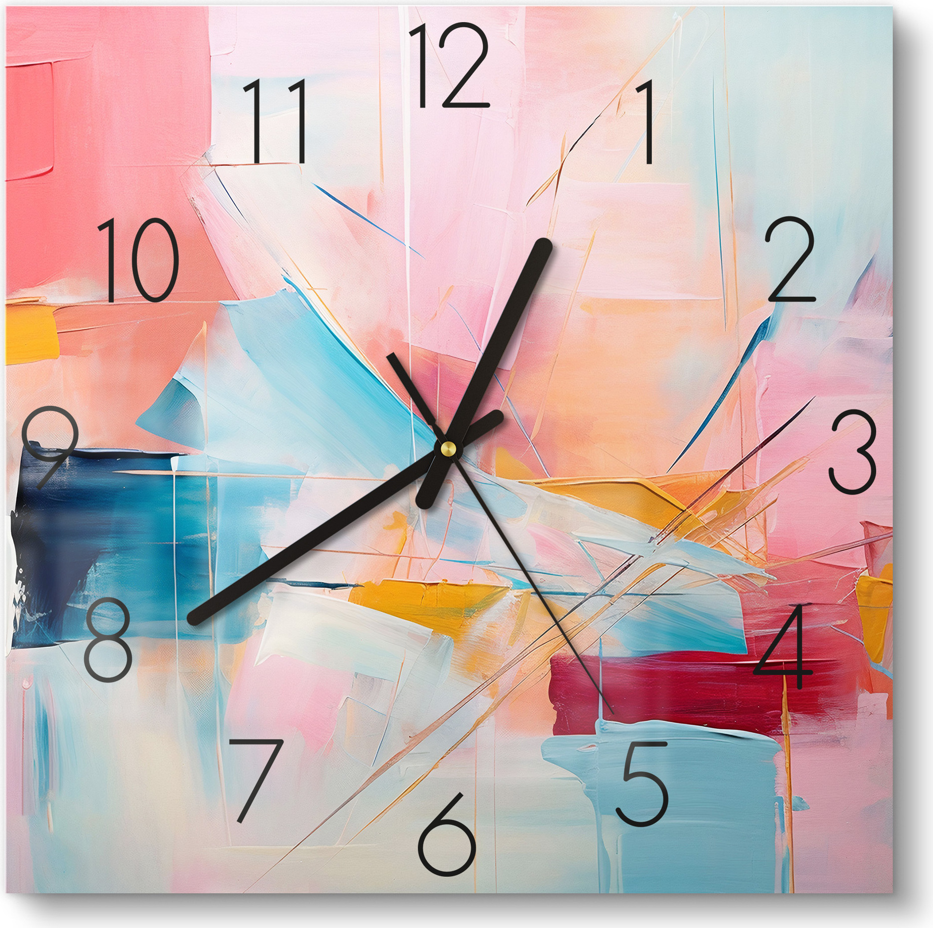 DEQORI Glasuhr 30x30 cm Zahlen 'Choreografie der Farben' Wanduhr Glas Uhr Design leise Küchenuhr WC-30-30-N-3726