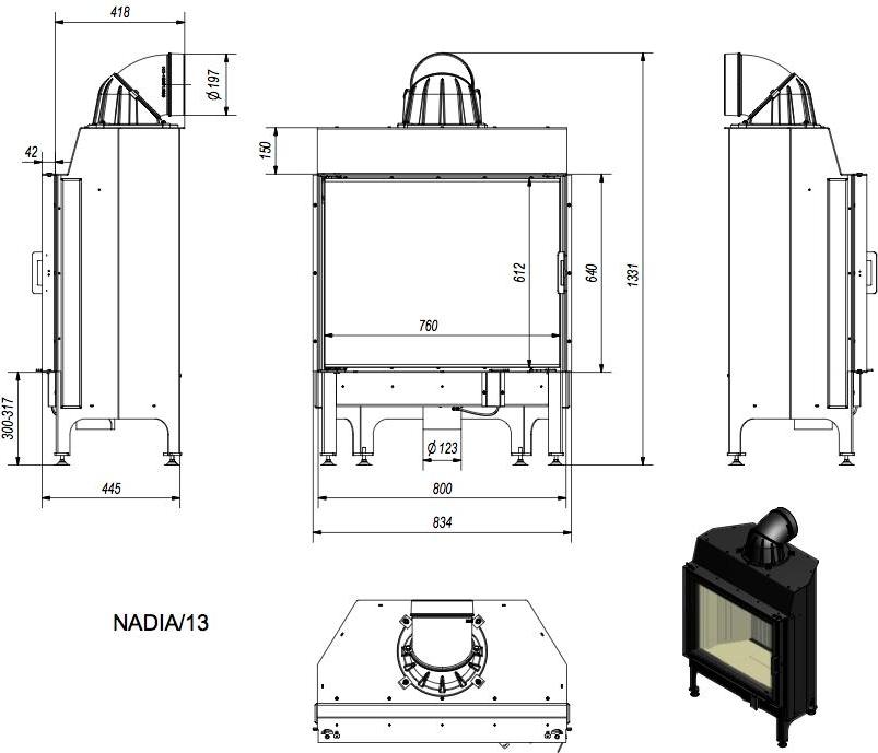 Oceľový krb KRATKI NADIA 13 kW Ø 200 čierny thermotec