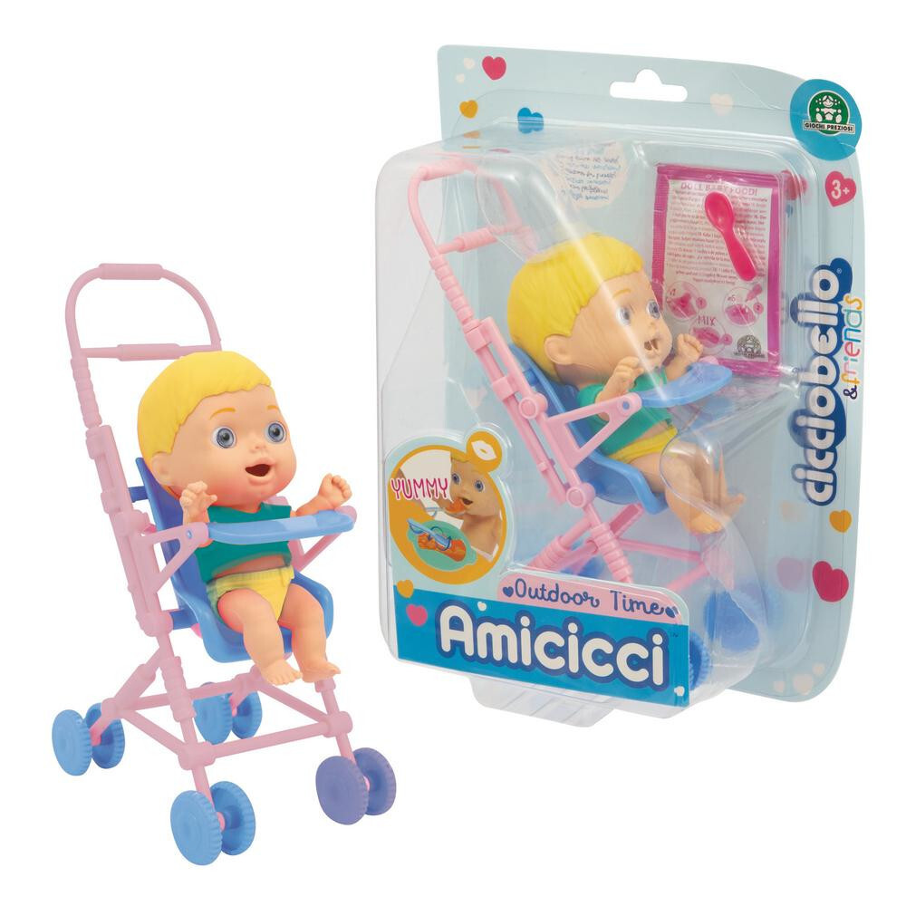 Famosa Cicciobello Amicicci Kinderwagen mit Figur, Fütterungsset und farbiger Windel CC018000