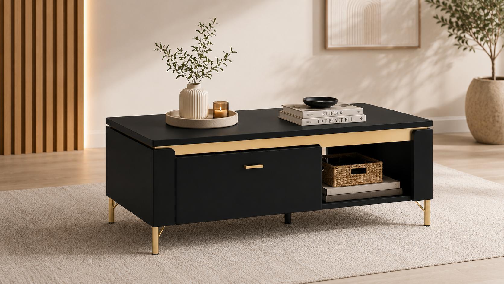 designimpex Design Couchtisch WM-9 Moderner Couchtisch mit Stauraum und offener Ablage WM-9Schwmt-Gold