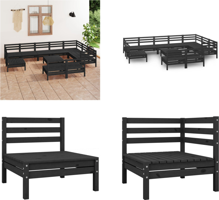 vidaXL 11-dielna záhradná obývacia súprava z masívneho dreva borovice čierna - záhradná obývacia súprava - vonkajšia obývacia súprava - drevená pohovka - drevená záhradná pohovka