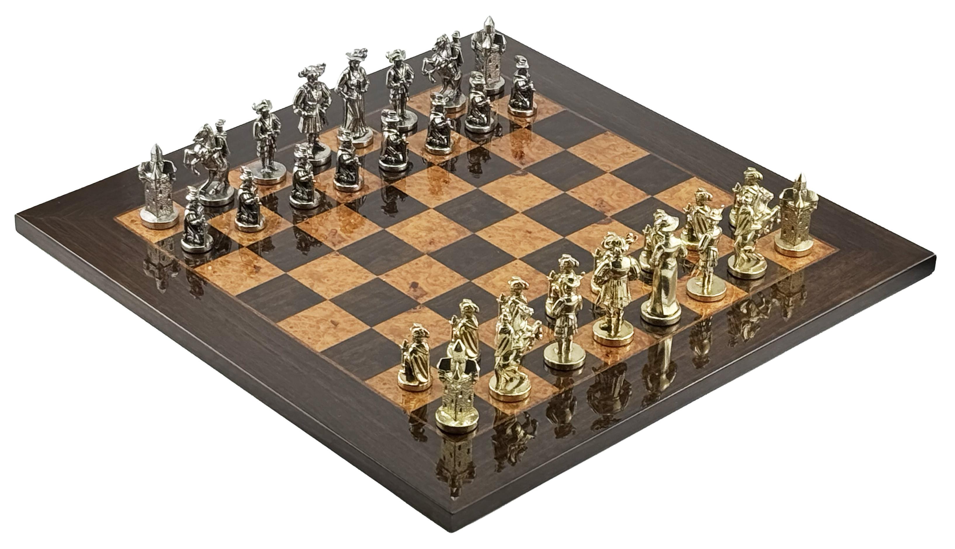 ITALFAMA LUXUS-SCHACHSPIEL: „LENDSKNECHT“ – Figuren aus Metall + Brett aus Ahornholz (51 cm)