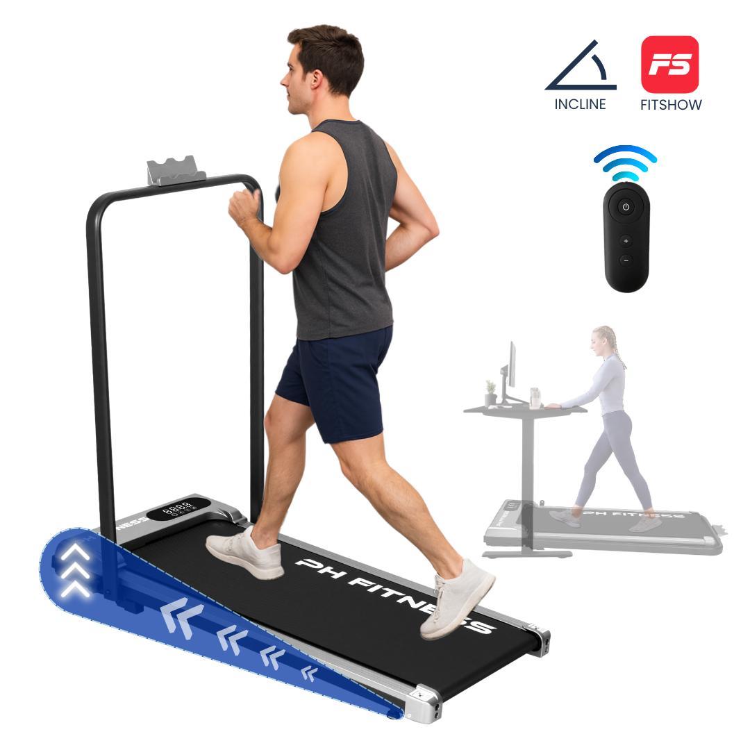 PH Fitness B3F skladací bežecký pás - WalkingPad s madlom a držiakom - motor 1,3 hp, 1-8 km/h, 100 kg - diaľkové ovládanie, manuálny sklon, Bluetooth