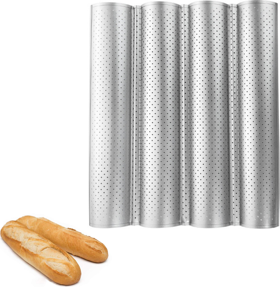 Mmgoqqt Antihaftbeschichtete perforierte Baguette-Pfanne zum Backen von französischem Brot, 4 Wellenbrote, Brotbackform, Ofen-Toaster-Pfanne Kau-XJH-LA-20250220-928