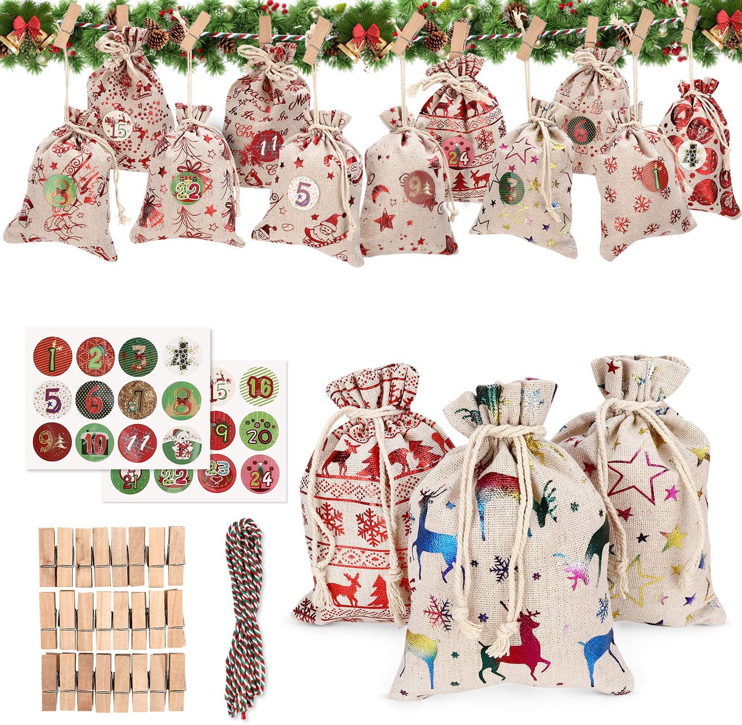 Jormftte 24 Adventskalender zum Befüllen, Adventskalender Stoffsäckchen zum Selberfüllen, Adventskalender 2020 Kinder, Weihnachten Geschenksäckchen, Säckchen für Adventskalender, Jutesack (24 Stück) kau-HT-11801
