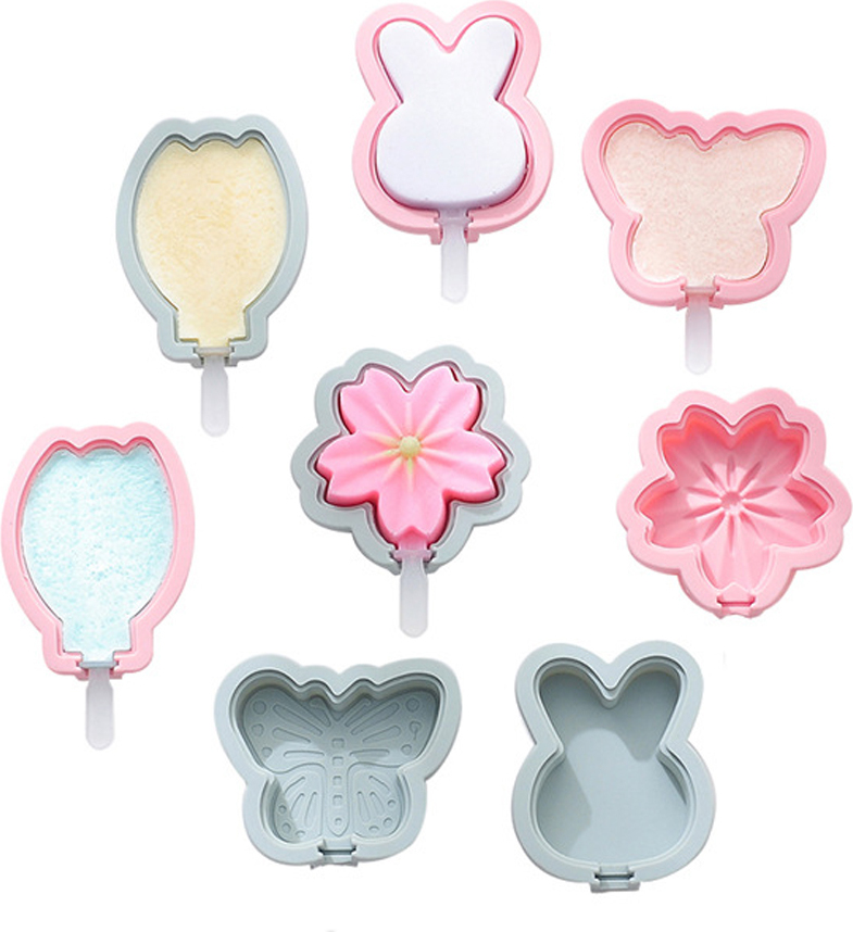 CANDeal Eislutscher Schimmel,8 Stück EIS am Stiel Schimmel Set in 4 verschiedenen Designs- Stapelbare Eislutscher aus Silikon, mit deckel Baking-00252