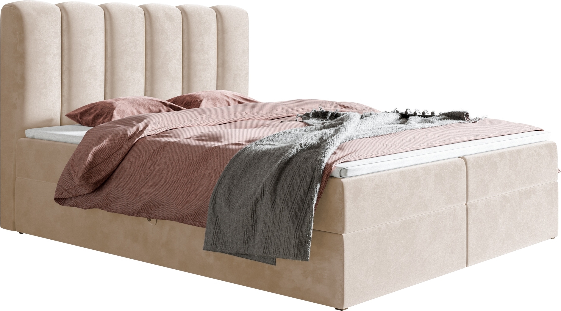 Posteľ s pružinovým boxom 180 x 200 cm Rimini - Manželská posteľ s posteľným boxom, matrac H3, topper - Čalúnená posteľ, Velvet Beige (Amor Velvet 4304)