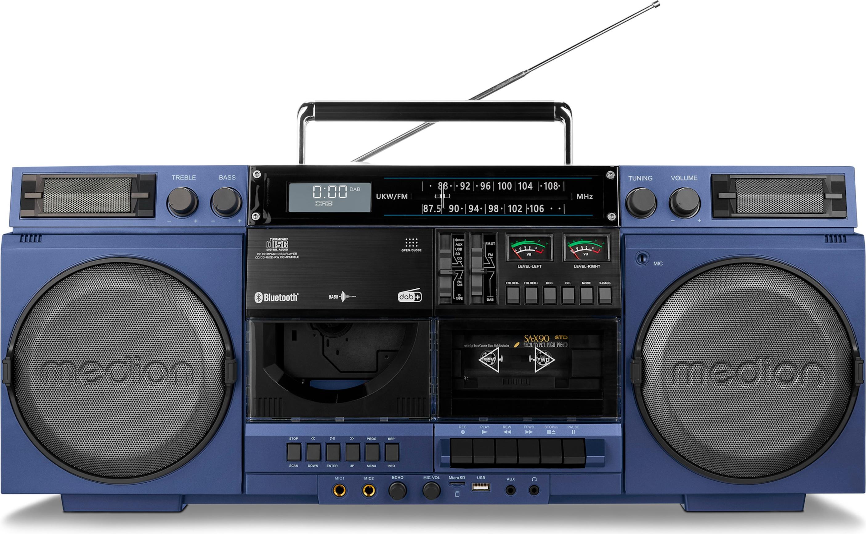 MEDION® MEDION P66538 Kassettenrecorder (Retro Ghettoblaster mit CD-Player, 80er, groß, USB, SD, CD, Kassetten MC, DAB+ Radio Teleskopantenne, Bluetooth, Kassettendeck, Aufnahmefunktion, Batteriebetrieben) 50078738