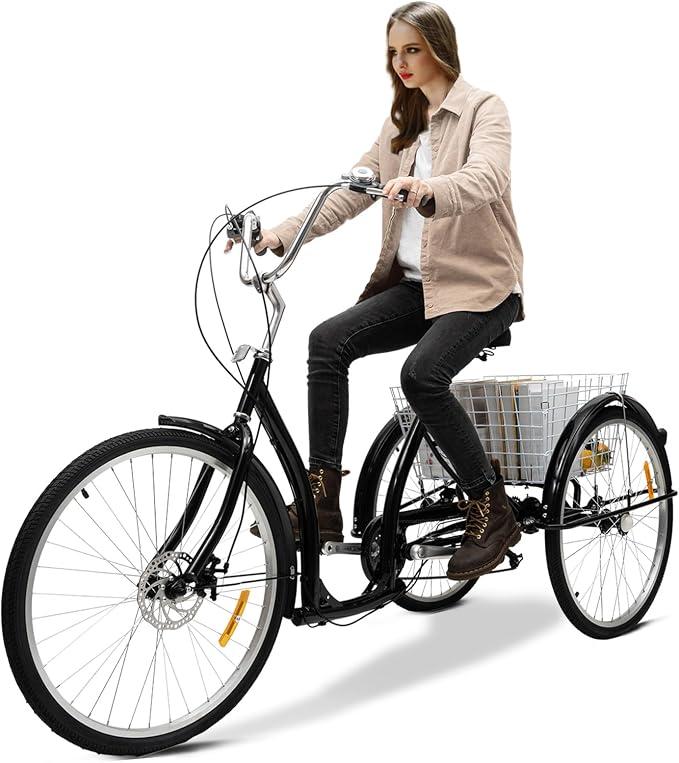 Unbranded 26 Zoll Dreirad für Erwachsene, Verstellbares Schwarz Erwachsene Dreirad mit Korb, 6 Gang Dreirad für Städte, Strände, Fahrradwege