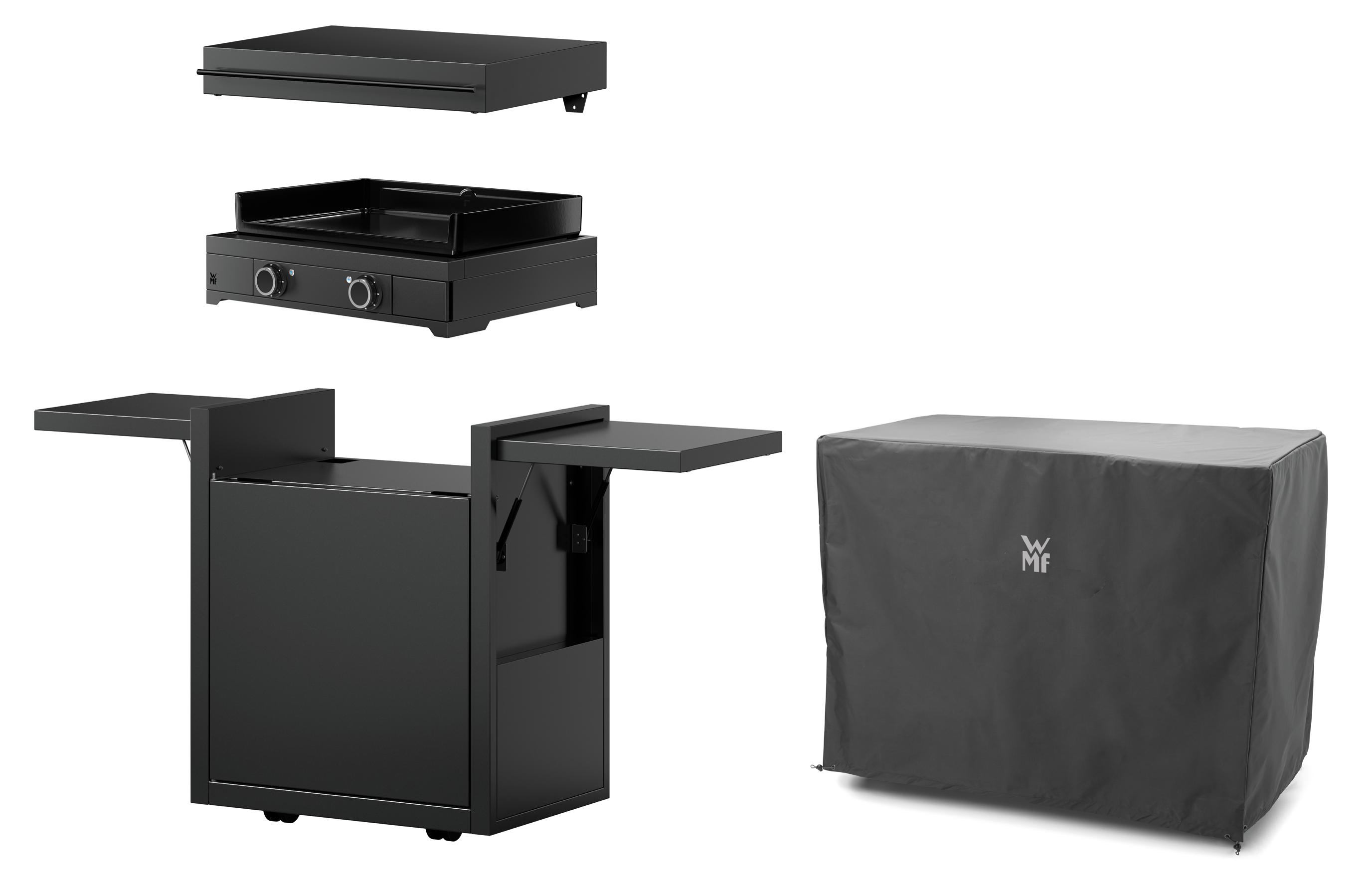 WMF Plancha Set 60E mit Plancha Grill elektrisch / Planchadeckel / Planchawagen / Abdeckhaube, 3200 W, 75 x 99.5 x 63 cm, Stahl / Gusseisen / Aluminium / Edelstahl, schwarz 20010031214