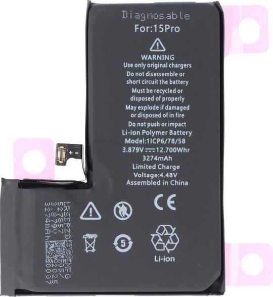 ECO Akku für Apple iPhone 15 Pro, diagnostizierbar , Li-Polymer, 3,87V, 3274mAh ersetzt A3011, 1/CP6/78/58 31486