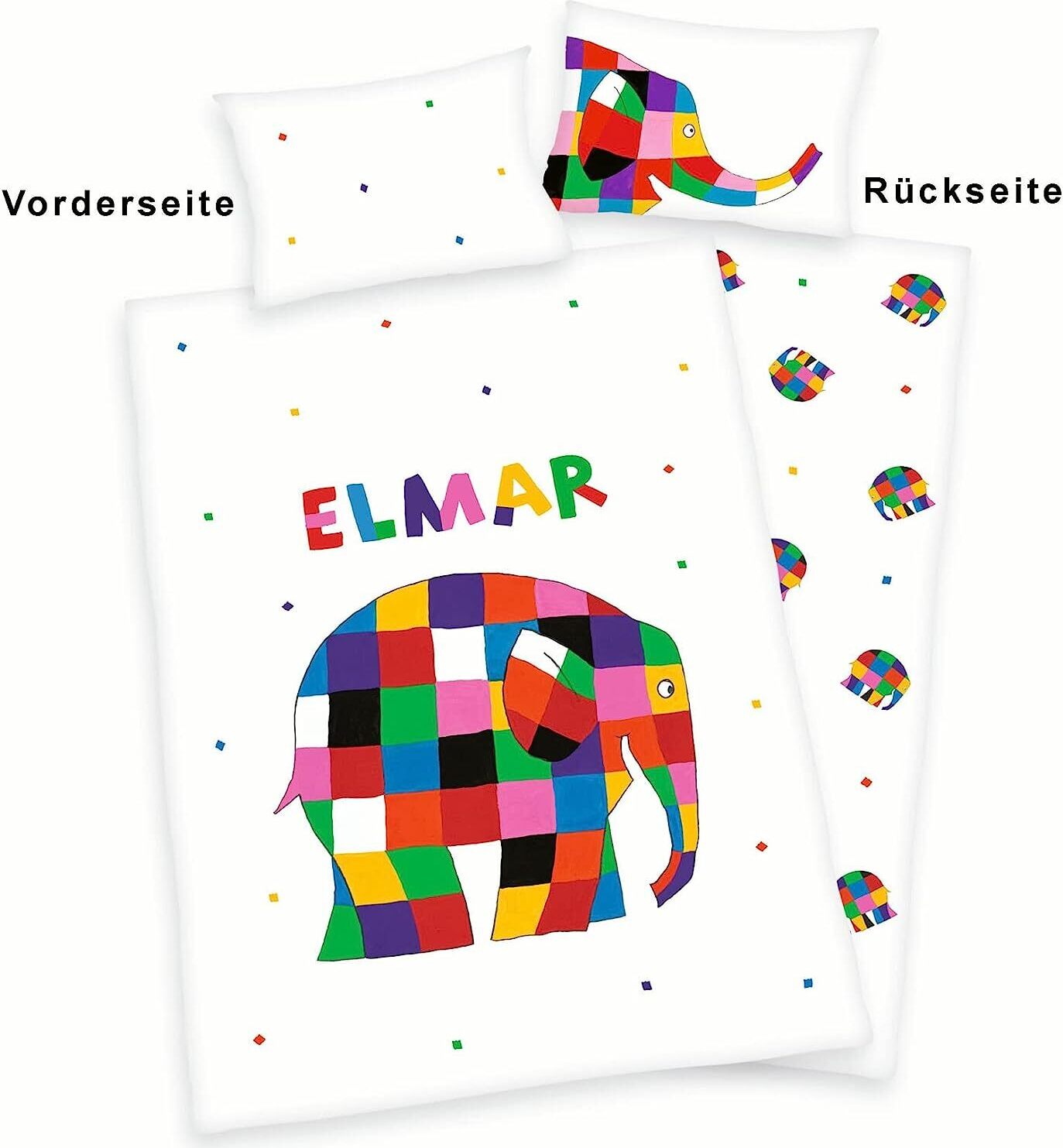 Herding Baby Kinder Renforce Bettwäsche Elmar Elefant weiß bunt 100x135 cm 776