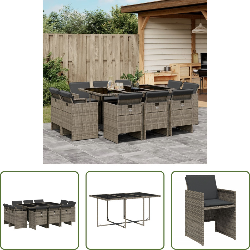 The Living Store 11-dielny záhradný jedálenský set s vankúšmi sivý polyratan