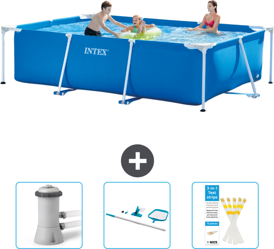 Bazén Intex s obdĺžnikovým rámom - 300 x 200 x 75 cm - Modrý - Súčasťou dodávky je filtračné čerpadlo pre bazén - čistiaca súprava - testovacie prúžky