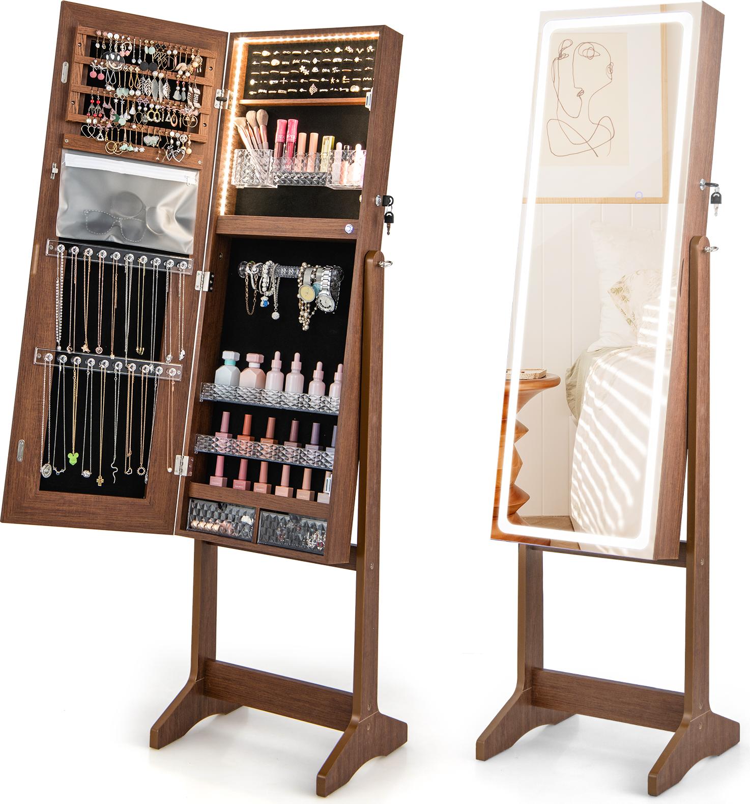 GIANTEX Schmuckschrank mit Ankleidespiegel, freistehender Schmuckständer mit großem Fassungsvermögen, LED-Beleuchtung & eingebautem Spiegel, abschließbarer