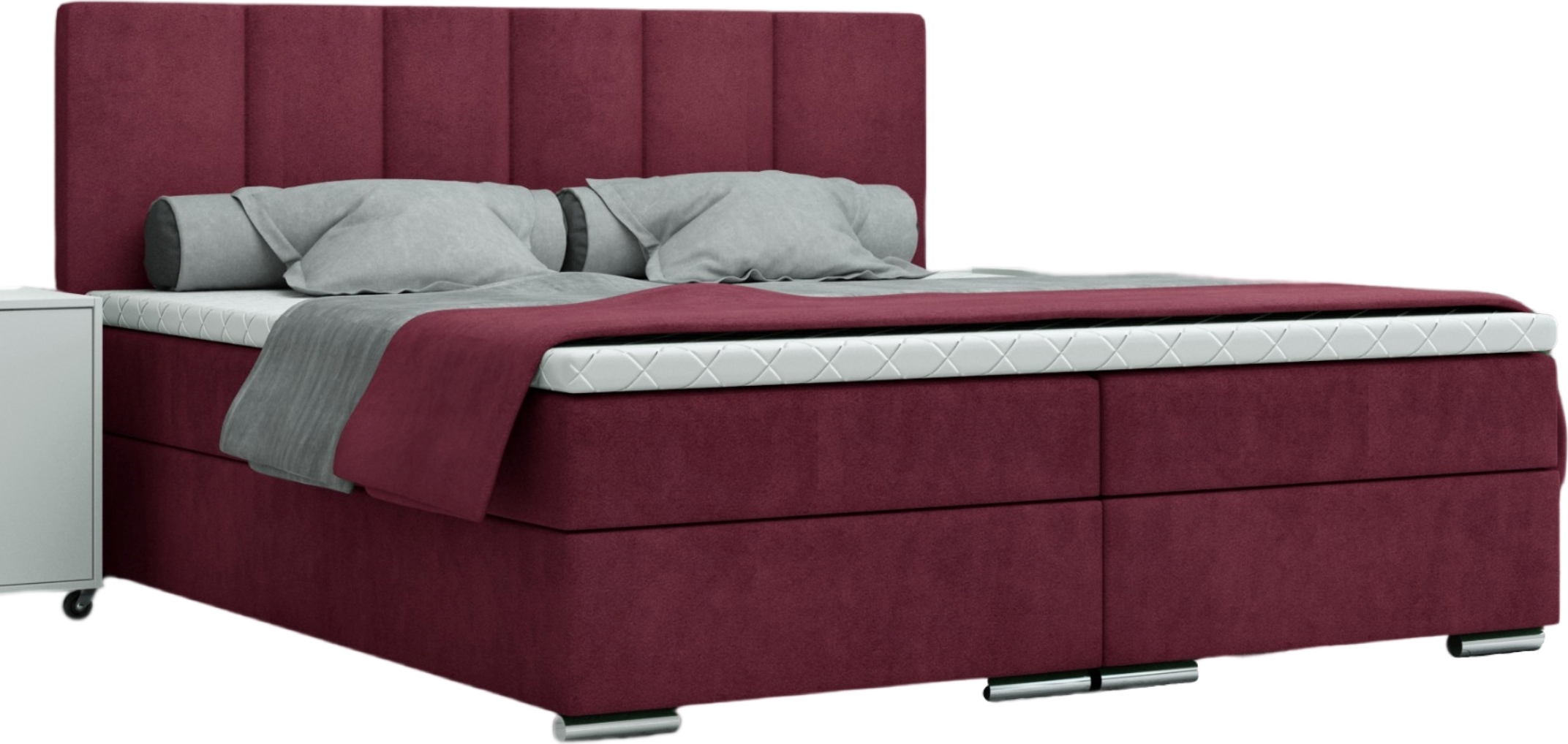 FURMEB24 - LIVIO 180 x 200 cm- Posteľ s pružinovým boxom a dvoma zásuvkami - Čalúnená posteľ s dreveným rámom - Manželská posteľ s vysokým čelom - Monolit - Tmavo červená
