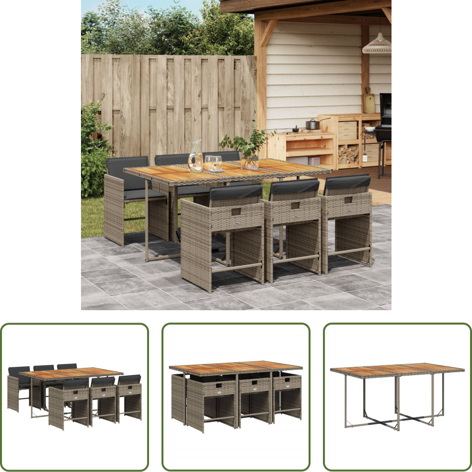 The Living Store 7-dielny záhradný jedálenský set s vankúšmi sivý polyratan