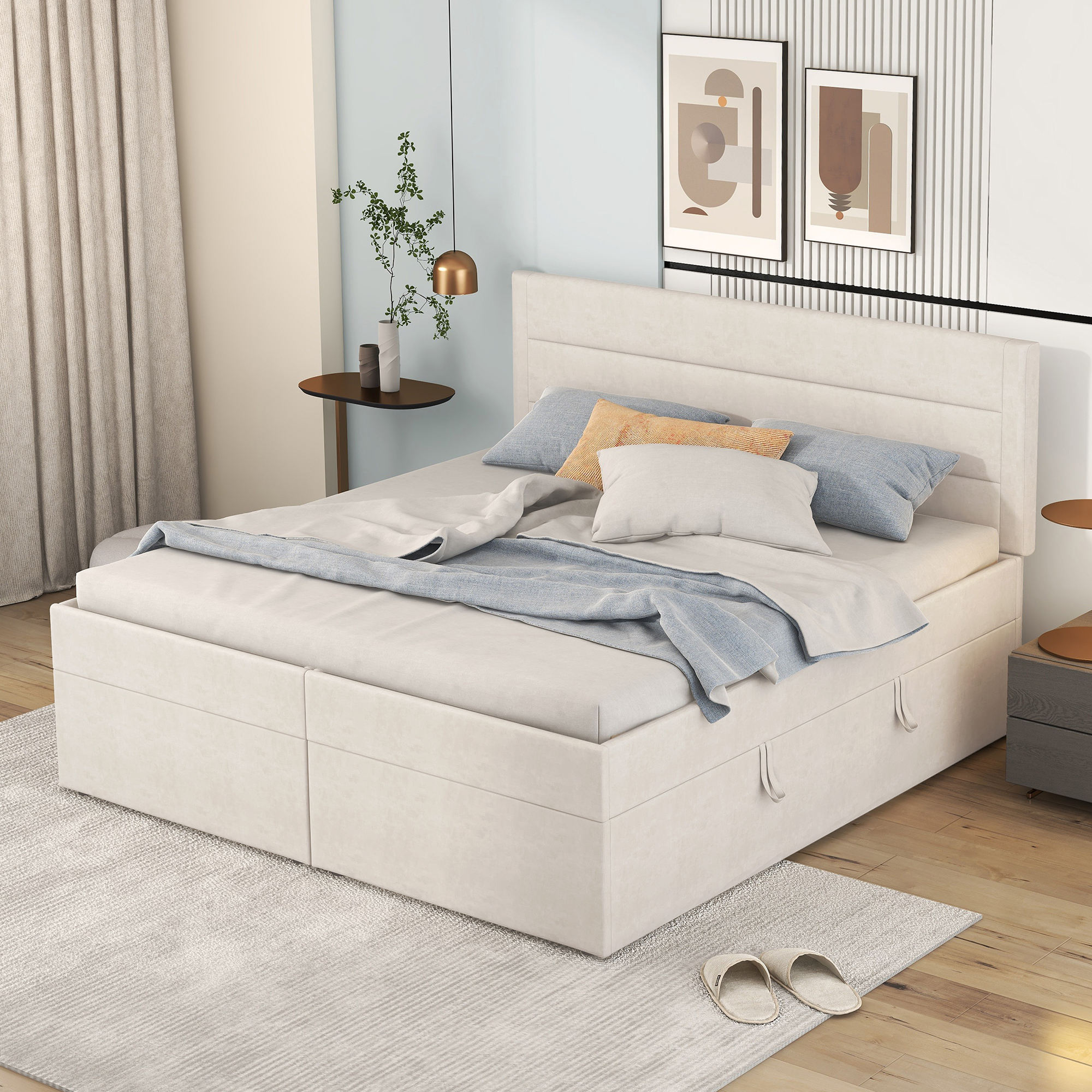 MODFU Polsterbetten 140 x 200 cm Kinderbett Doppelbett mit Lattenrost und Bettkasten(ohne Matratze), Beige