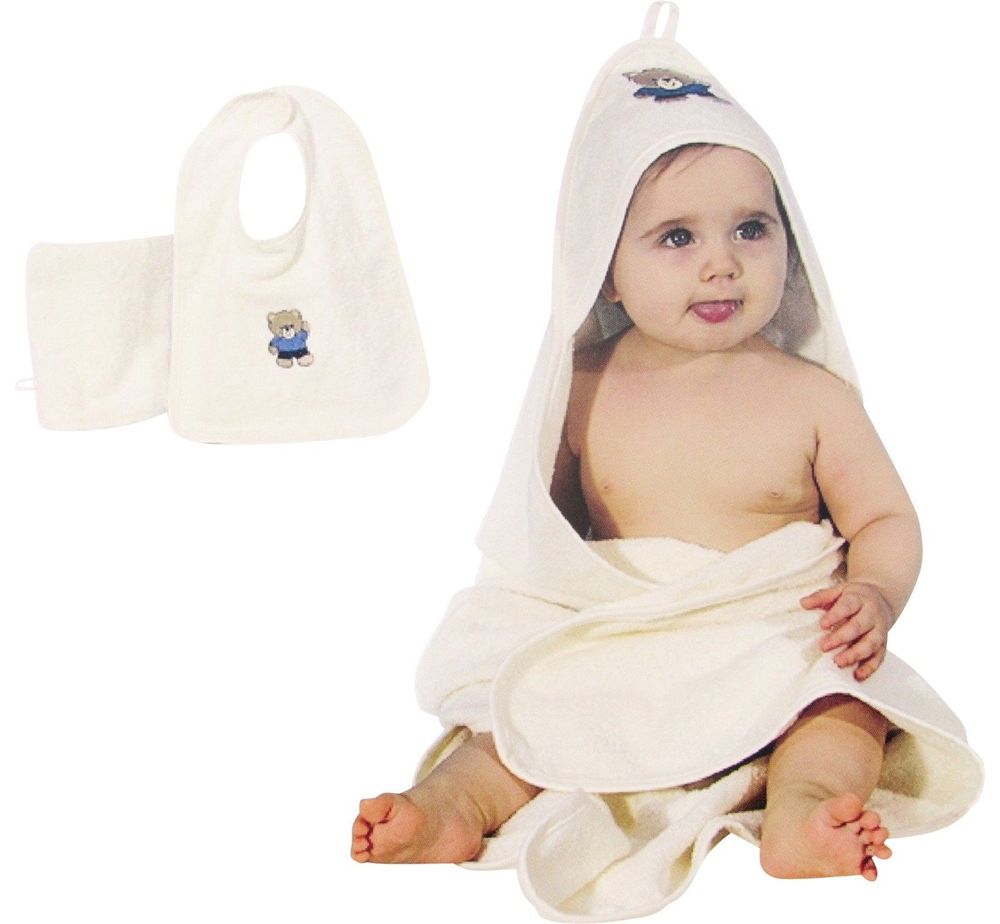 Baby Handtücher mit Kapuze 3tlg Set beige Kapuzenhandtuch Lätzchen Waschhandschu 