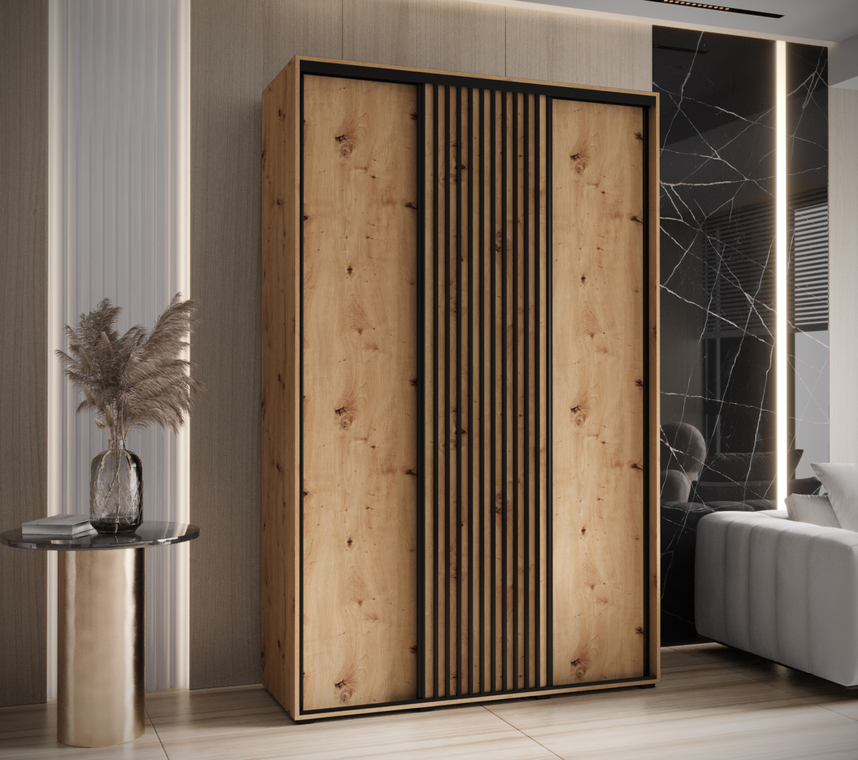 VENETI Kleiderschrank BAYLIN 1 - 160/45 cm, Eiche handwerklich / Eiche handwerklich / schwarz 064-08-18392
