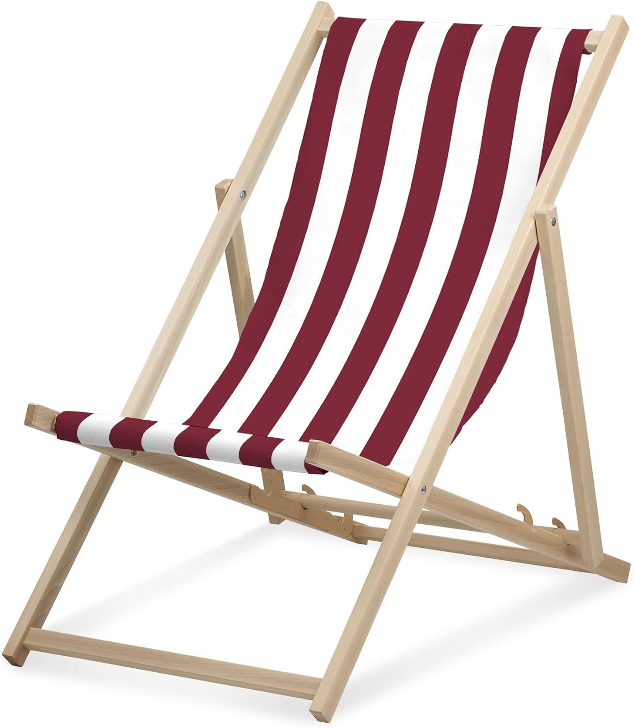 Lehátko - široké pruhované - bordové - skladacie - z bukového dreva - nosnosť do 95 kg - 3-smerovo nastaviteľné operadlo - plážové lehátko
